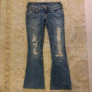 True Religion Low Rise Distressed Flare Jeans